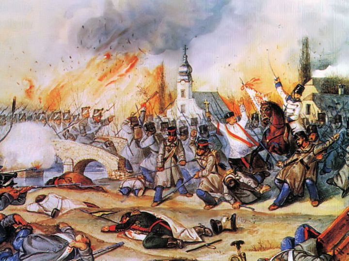 Mednyánszky Cézár és Psotta Móric honvéd ezredes rohamra vezeti a Zanini gyalogezred katonáit a kápolnai csatában (Than Mór festménye)