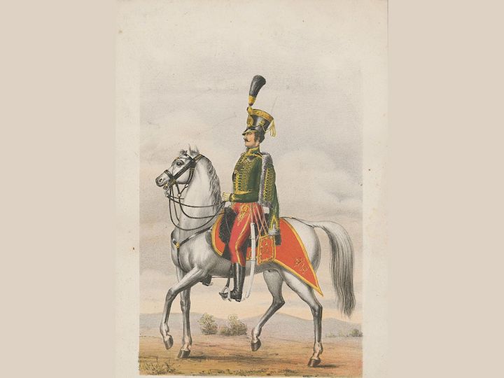 Magyar Frimont huszár. A 9. huszárezred parancsnoka 1806-1831 között Frimont János volt,[1] litográfia