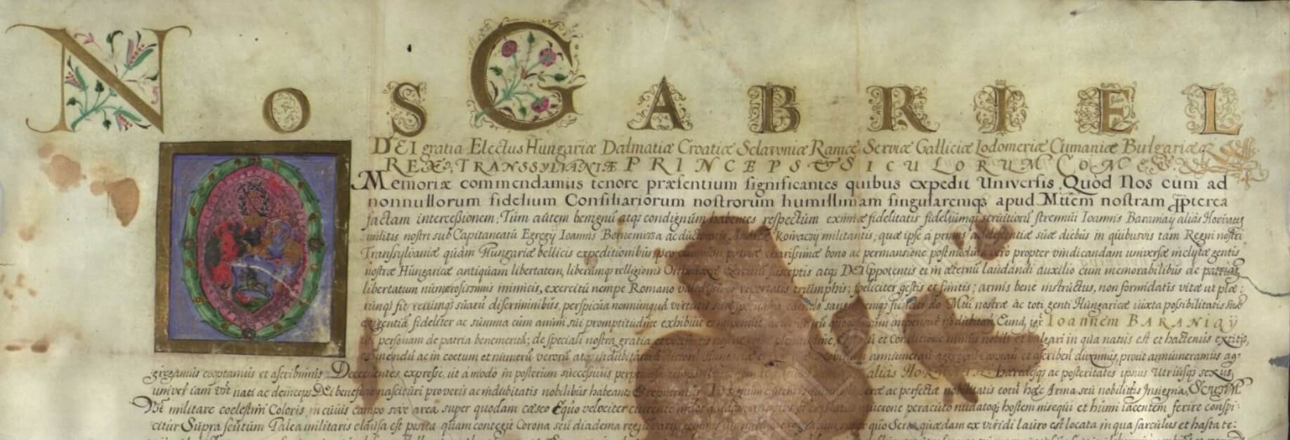 Bethlen Gábor címzéssora abban az oklevélben, amelyben magyarországi és erdélyi nemességet adományoz Baranyay Horváth Jánosnak, 1621. december 15. (Forrás: https://adatbazisokonline.mnl.gov.hu )