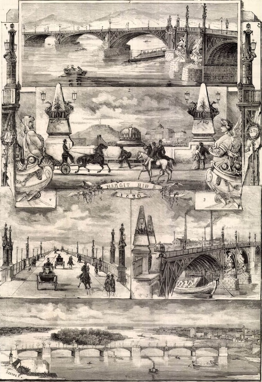 Margit híd, Szenes F. rajza, a kép forrása: Magyarország és a Nagyvilág, 13. (1876) 19. sz. [297]., lelőhely: Arcanum