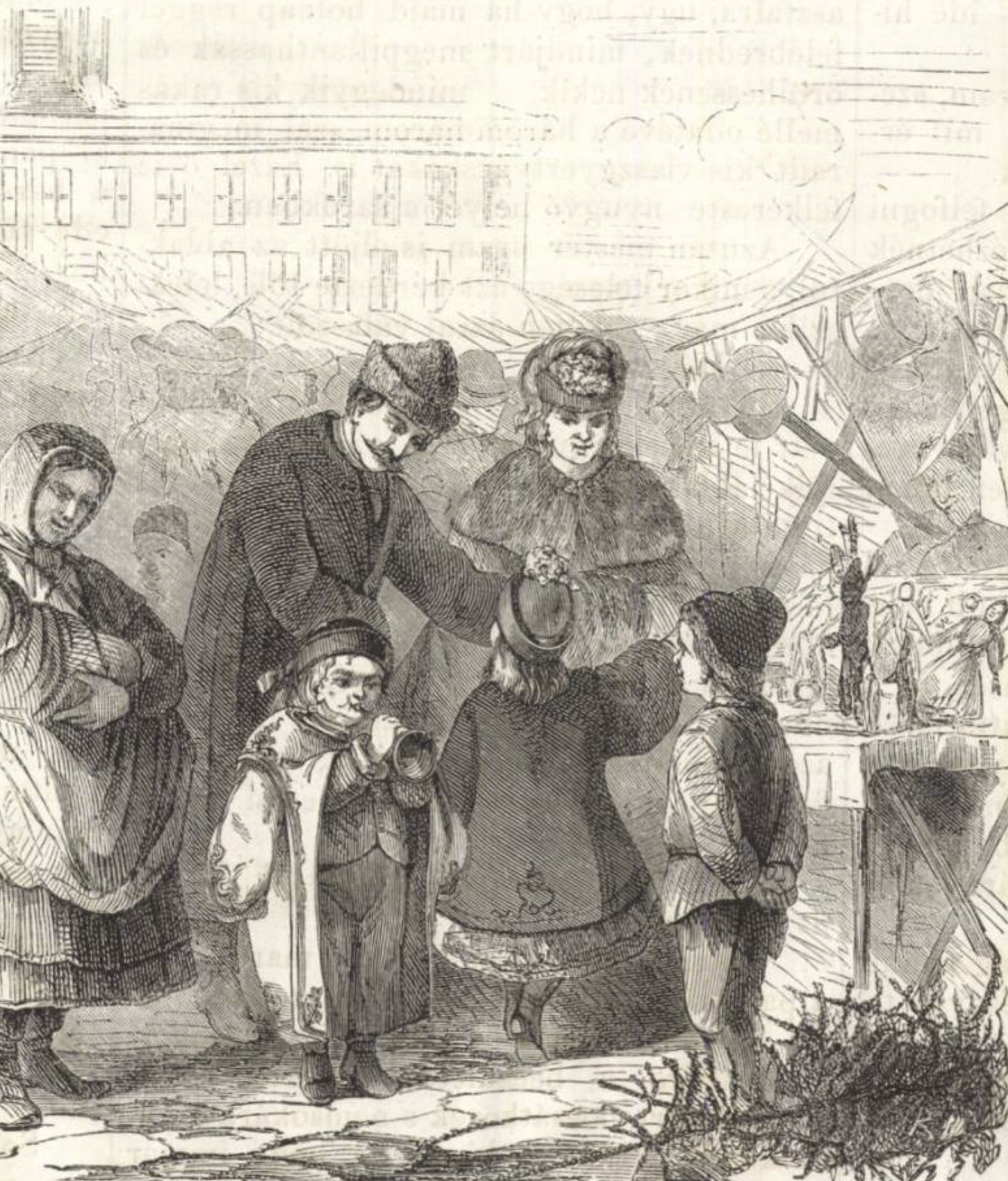 [Hermann] Lüders rajza nyomán: Karácsonyi vásár, a kép forrása: Vasárnapi Ujság,11. (1864) 52. sz. [561]., lelőhely: Arcanum