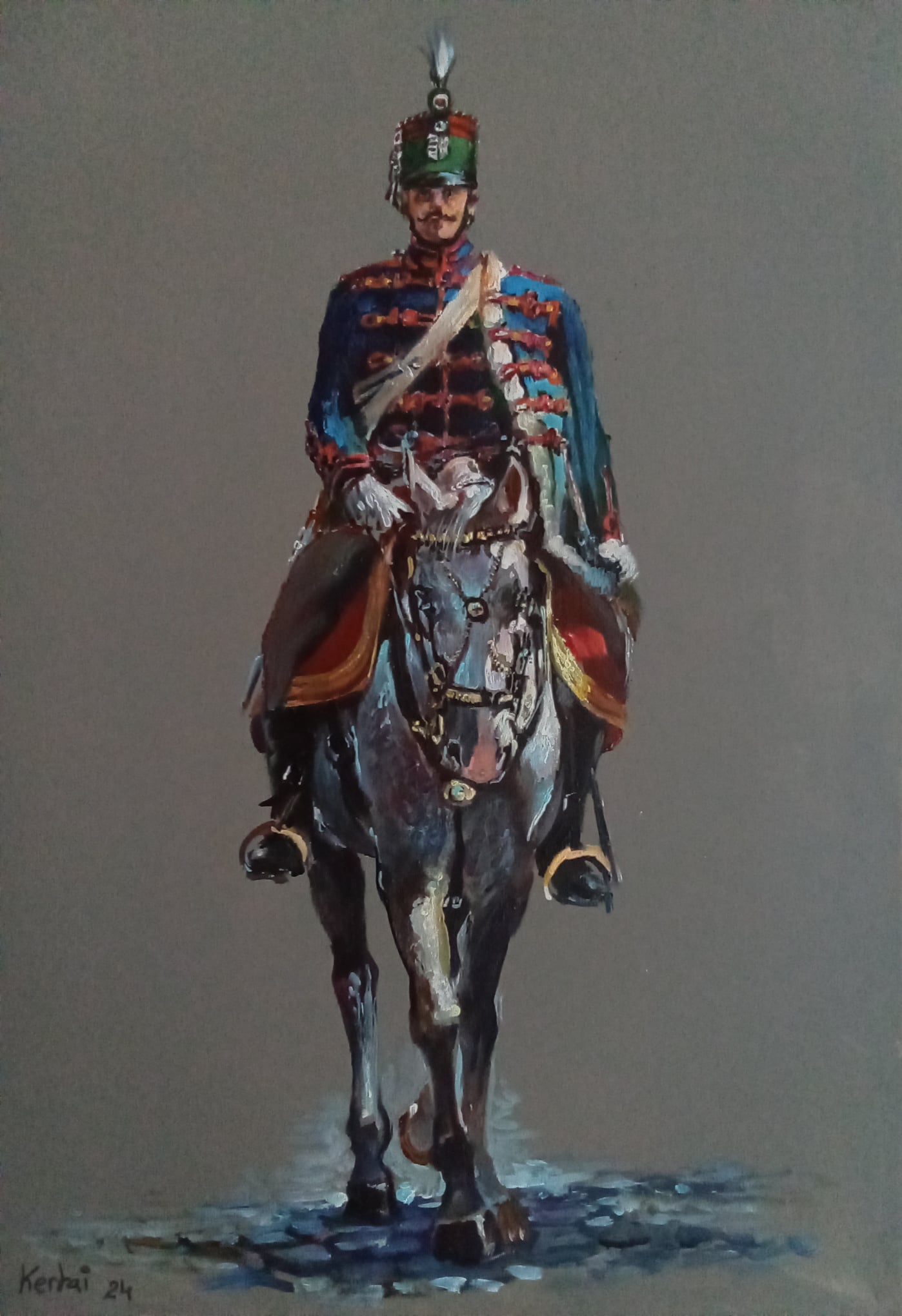 Lehel-huszár őrmester lóháton. Kertai Zalán festménye, 2024 (Forrás: Babucs Zoltán gyűjteménye)