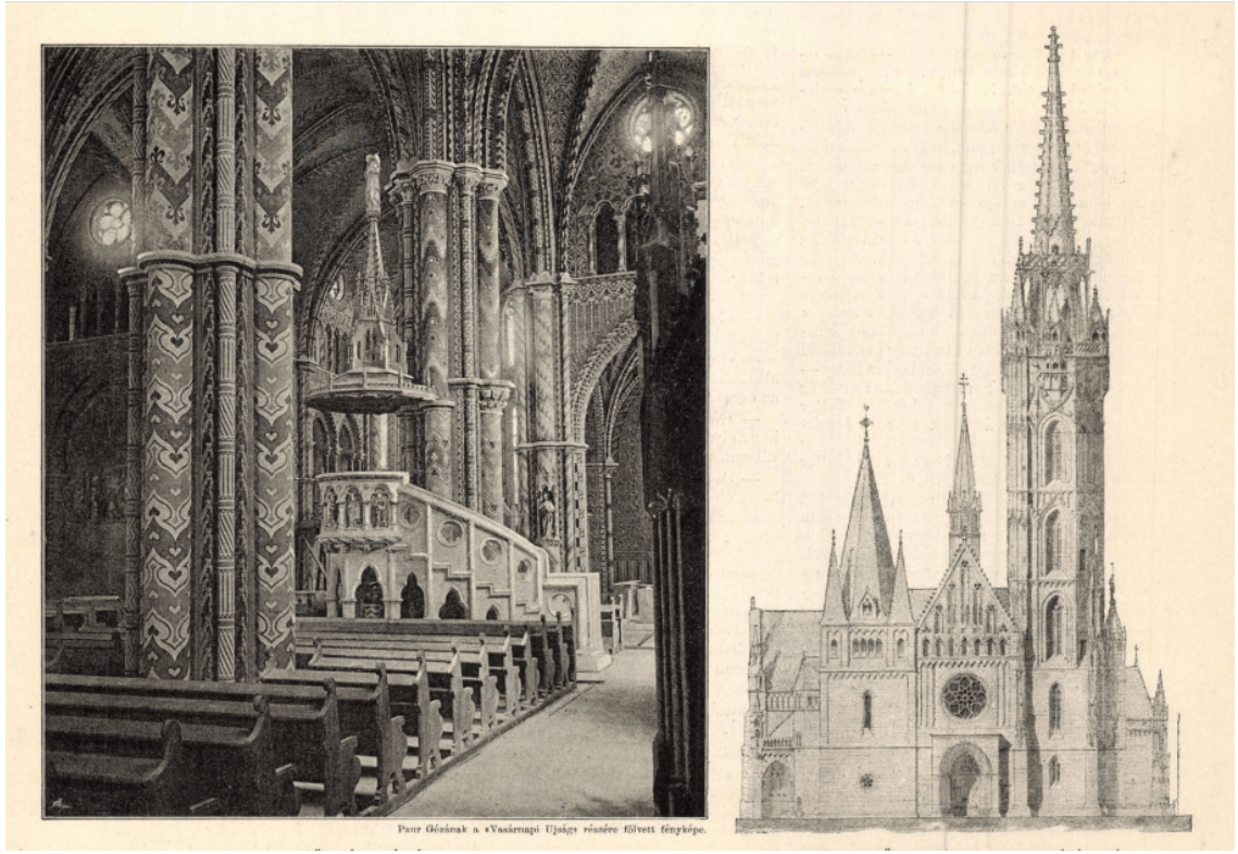 A főhajó a szószékkel (Paur Géza fényképe) és a templom főhomlokzata a restaurálás után. A kép lelőhelye: Vasárnapi Ujság, 40. (1893) 34. sz. 568., lelőhely: Arcanum